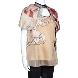 Pre Owned Prada Beige Silk Organza Girl Appliqued Sheer Blouse L