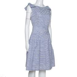 Pre Owned Prada Blue & White Striped Cotton Belted Knee Length Dress M