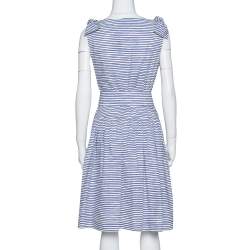 Pre Owned Prada Blue & White Striped Cotton Belted Knee Length Dress M