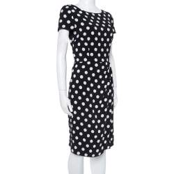 Pre Owned Prada Black & White Polka Dotted Crepe Pleat Detail Dress M