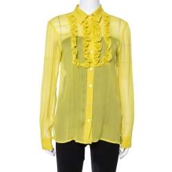 Prada Yellow Silk Crepon Ruffle Front Sheer Blouse M