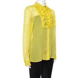 Prada Yellow Silk Crepon Ruffle Front Sheer Blouse M