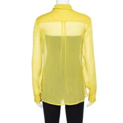 Prada Yellow Silk Crepon Ruffle Front Sheer Blouse M