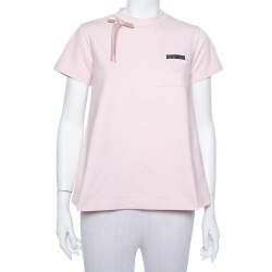 مملوكة مسبقًا Prada Light Pink Cotton Bow Detail Crewneck T Shirt S