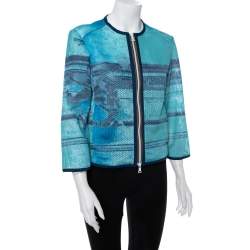 Prada Blue Abstract Print Perforated Zip Front Jacket L