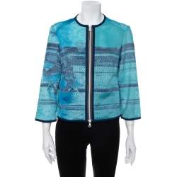 Prada Blue Abstract Print Perforated Zip Front Jacket L