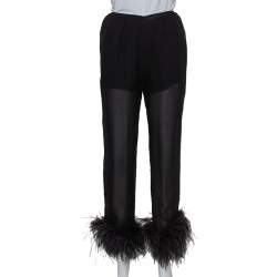 Prada Black Silk Feather Trim Detail Cropped Trousers S