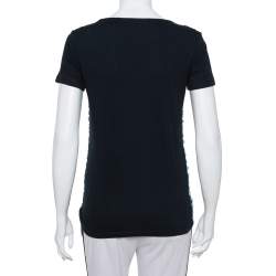 Pre Owned تي شيرت برادا تريكو أزرق كحلي أبليك مزين أكمام قصيرة مقاس صغير جدًا - إكس سمول