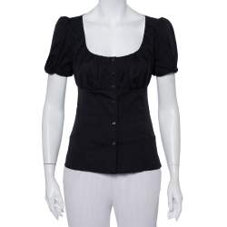 Prada Black Cotton Draped Scoop Neck Button Front Shirt S