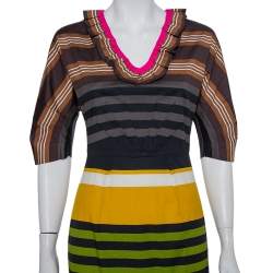 Prada Multicolor Striped Cotton Ruffled Midi Dress S