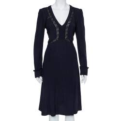 Prada Midnight Blue Crepe Lace Trim Midi Dress M