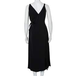 Prada Black Crepe Plisse Detail Sleeveless Belted Wrap Dress M