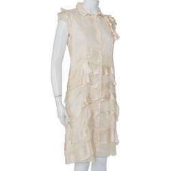 مملوكة مسبقًا Prada Cream Silk Detachable Collar Detail Ruffled Shirt Dress M