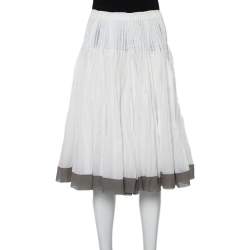 Prada Vintage White Cotton Contrast Trim Pleated Midi Skirt S