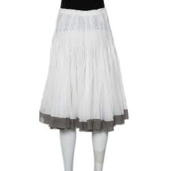 Prada Vintage White Cotton Contrast Trim Pleated Midi Skirt S