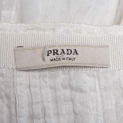 Prada Vintage White Cotton Contrast Trim Pleated Midi Skirt S