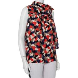 Prada Multicolor Camo Printed Silk Neck Tie Detail Sleeveless Top M