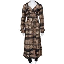 Prada Brown Animal Printed Synthetic Belted Double Breasted Trench Coat M