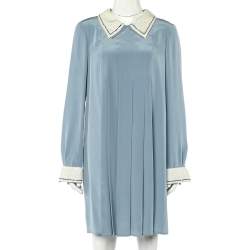 Pre Owned Prada Powder Blue Silk Sequin Embellished Trim Pleated Mini Dress M