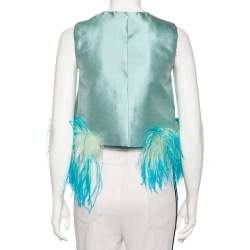 Pre Owned Prada Blue Wool & Silk Feather Trim Sleeveless Top S