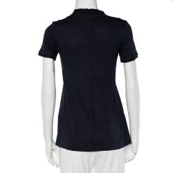 Pre Owned Prada Navy Blue Cotton Knit & Satin Paneled Bow Detail T-Shirt XS