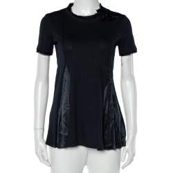 Pre Owned Prada Navy Blue Cotton Knit & Satin Paneled Bow Detail T-Shirt XS
