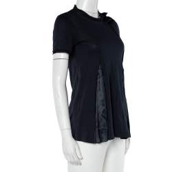 Pre Owned Prada Navy Blue Cotton Knit & Satin Paneled Bow Detail T-Shirt XS