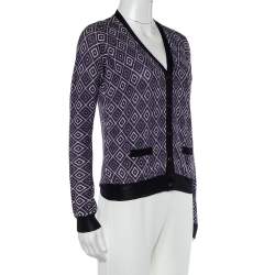 Prada Purple Geometric Patterned Wool & Silk Button Front Cardigan S