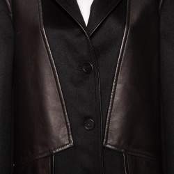 Prada Black Wool And Leather Paneled Button Front Long Coat S