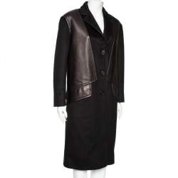 Prada Black Wool And Leather Paneled Button Front Long Coat S