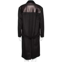 Prada Black Wool And Leather Paneled Button Front Long Coat S