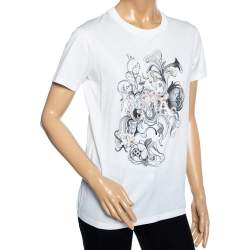 Pre Owned Prada White Printed & Embellished Detailed Cotton Short Sleeve T-Shirt M