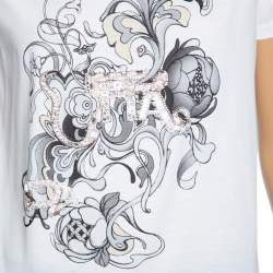Pre Owned Prada White Printed & Embellished Detailed Cotton Short Sleeve T-Shirt M