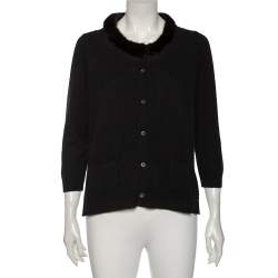 Prada Black Cashmere & Fur Trimmed Neck Detail Button Front Cardigan L