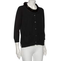 Prada Black Cashmere & Fur Trimmed Neck Detail Button Front Cardigan L