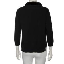 Prada Black Cashmere & Fur Trimmed Neck Detail Button Front Cardigan L
