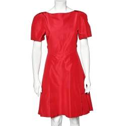 Pre Owned Prada Red Silk Taffeta Pleated Midi Dress S