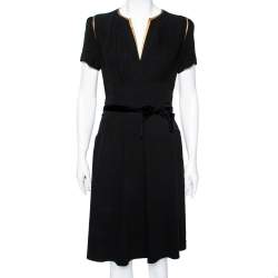 Pre Owned Prada Black Crepe & Leather Trimmed Ruched Waist Detailed Belted Dress M