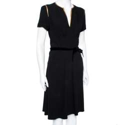 Pre Owned Prada Black Crepe & Leather Trimmed Ruched Waist Detailed Belted Dress M
