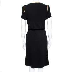 Pre Owned Prada Black Crepe & Leather Trimmed Ruched Waist Detailed Belted Dress M