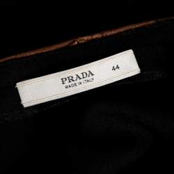 Pre Owned Prada Black Crepe & Leather Trimmed Ruched Waist Detailed Belted Dress M