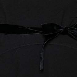 Pre Owned Prada Black Crepe & Leather Trimmed Ruched Waist Detailed Belted Dress M