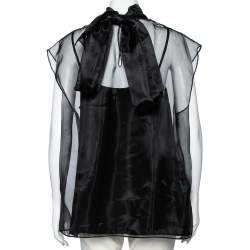 Pre Owned Prada Black Silk Tulle Neck Tie Detailed Sleeveless Organza Blouse L