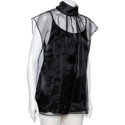 Pre Owned Prada Black Silk Tulle Neck Tie Detailed Sleeveless Organza Blouse L