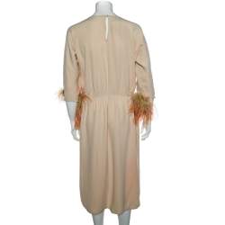 Pre Owned Prada Beige Crepe Feather Trim Detail Midi Dress L