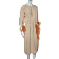 Pre Owned Prada Beige Crepe Feather Trim Detail Midi Dress L