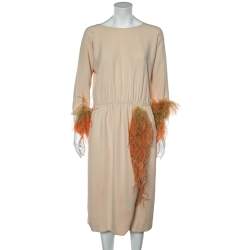 Pre Owned Prada Beige Crepe Feather Trim Detail Midi Dress L