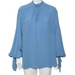 Prada Blue Silk Gathered Cuff Tie Detail Long Sleeve Blouse M