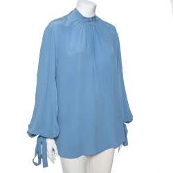 Prada Blue Silk Gathered Cuff Tie Detail Long Sleeve Blouse M