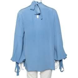 Prada Blue Silk Gathered Cuff Tie Detail Long Sleeve Blouse M